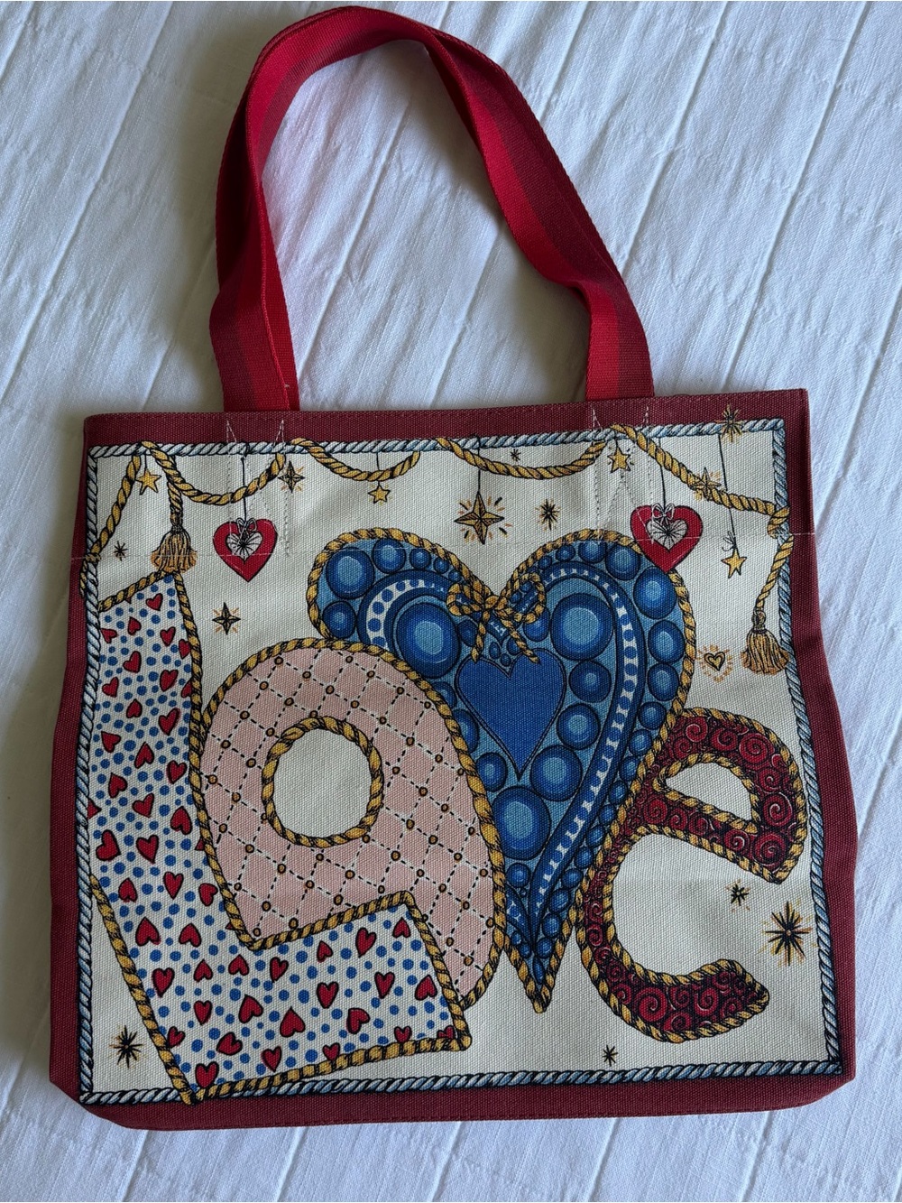 Brighton Holiday Decorative 'Love' Canvas Tote Bag in Red and Multicolor